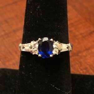 Delicate silver ring with dark blue sapphire and diamonds, size 7